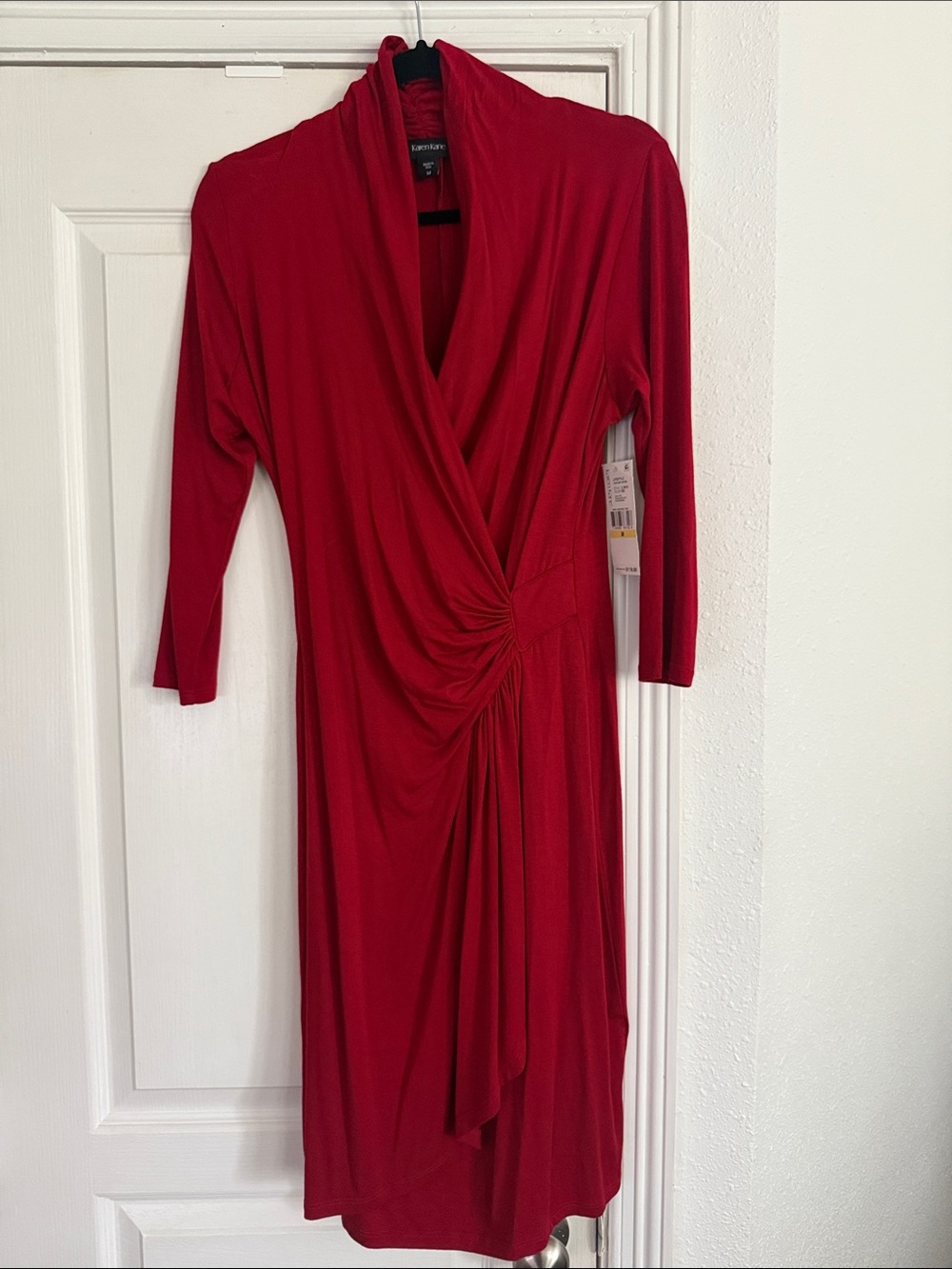 Karen Kane Red Draped Twist-Front Long Sleeve Dress